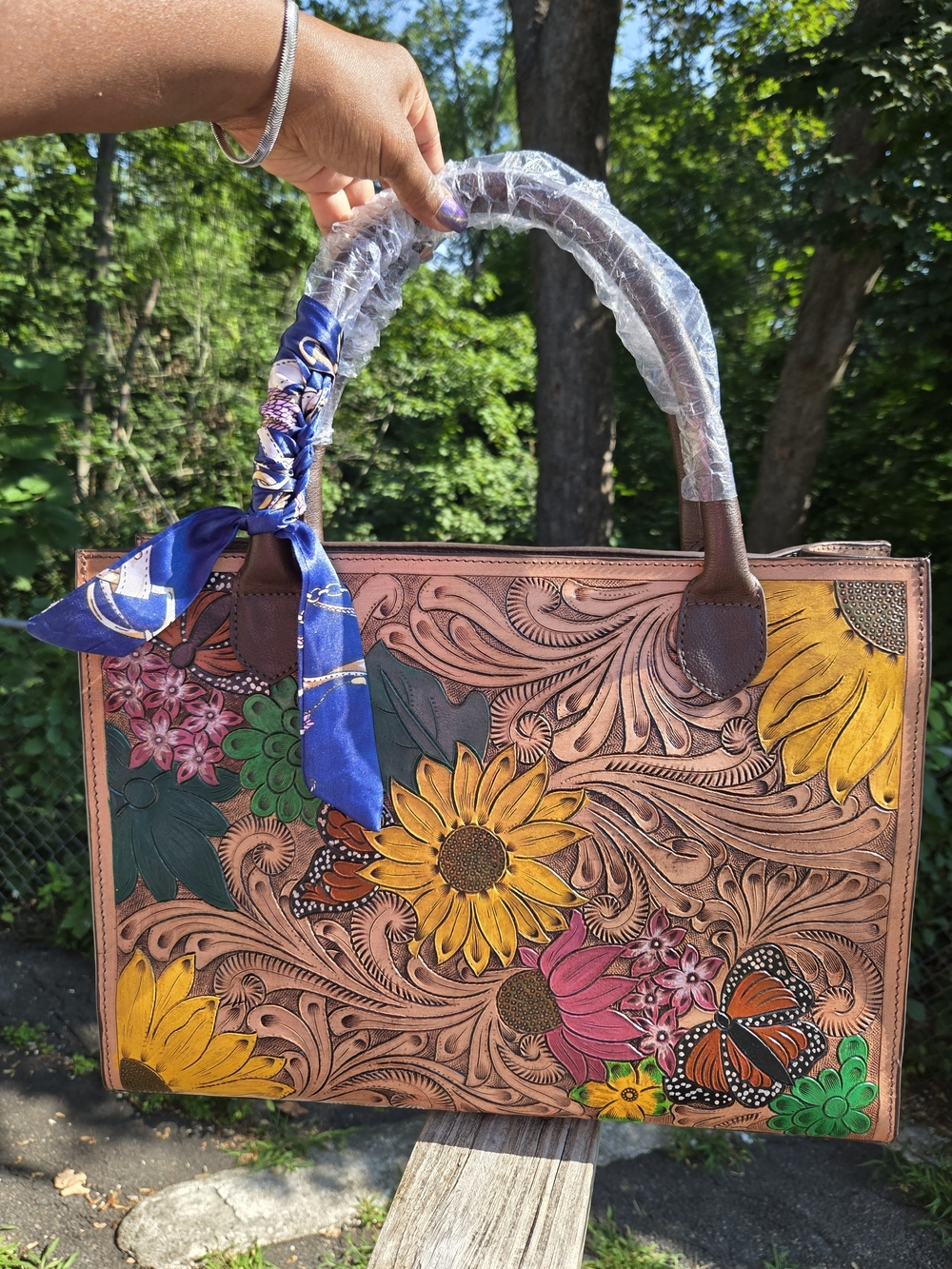 Hand-Painted Floral Large Leather Tote Bag in Multi-Color